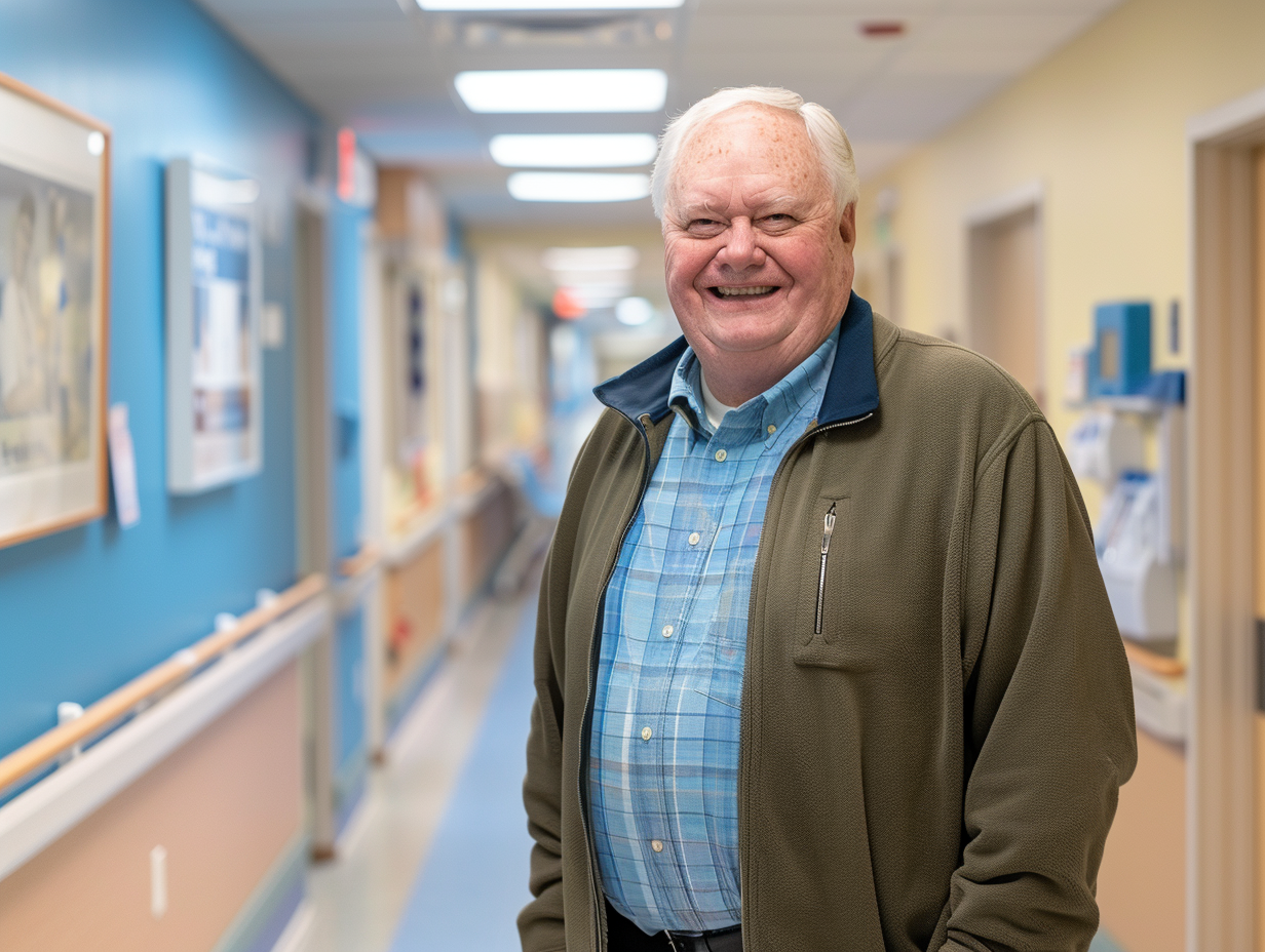 Medical physicist standing in a hospital hallway